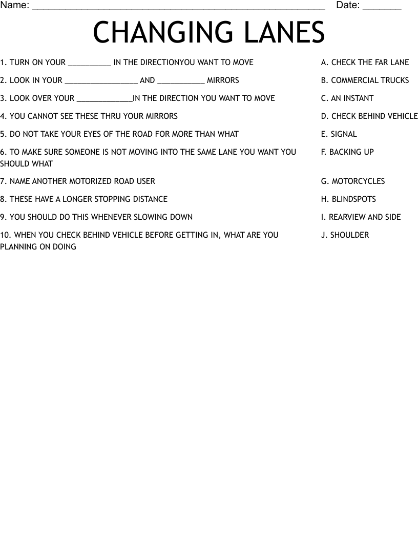 CHANGING LANES Worksheet