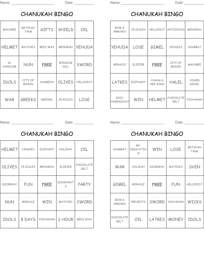 CHANUKAH BINGO