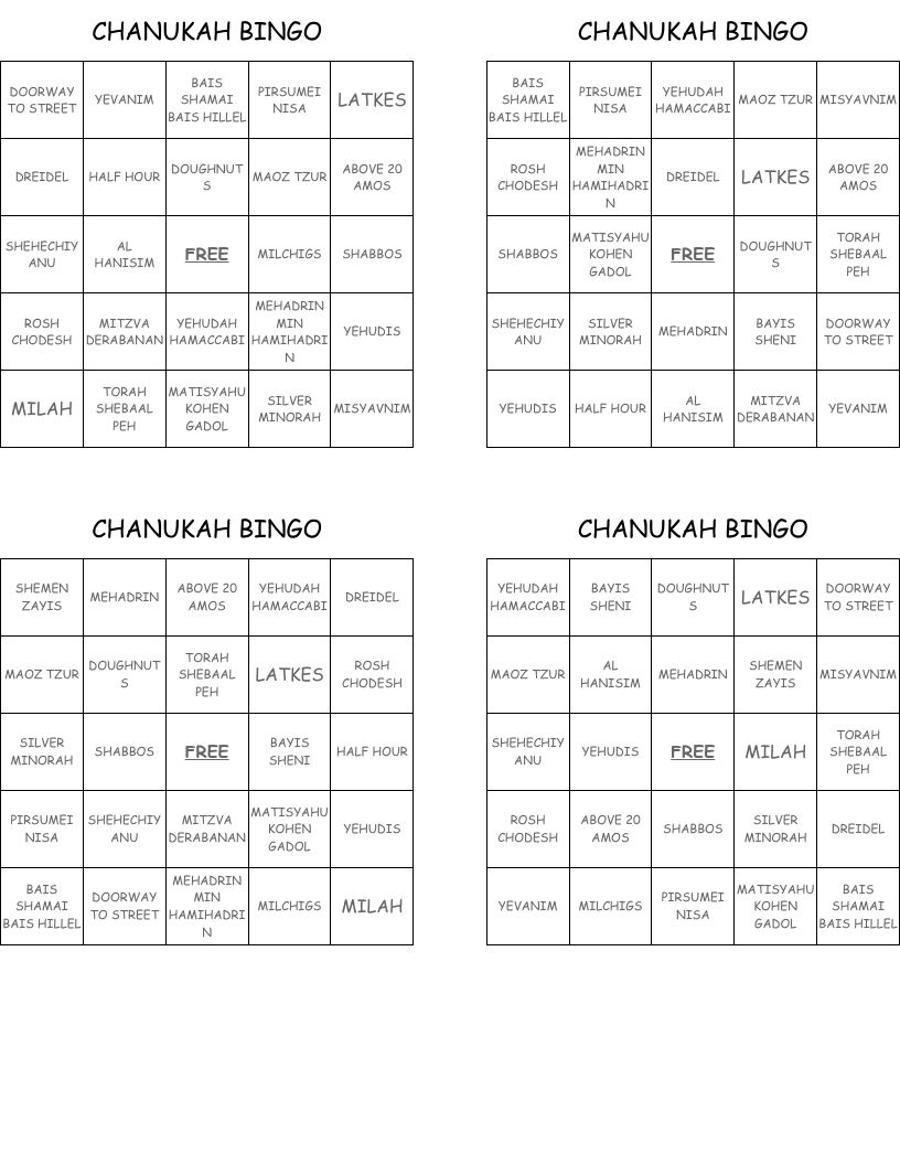 CHANUKAH BINGO