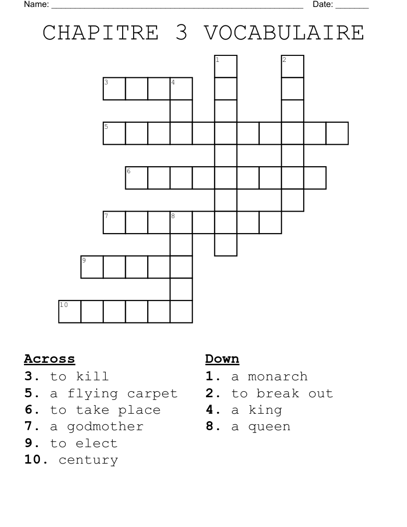 CHAPITRE 3 VOCABULAIRE Crossword