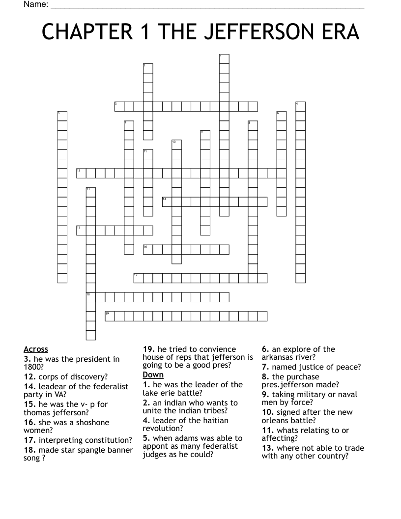 CHAPTER 1 THE JEFFERSON ERA Crossword