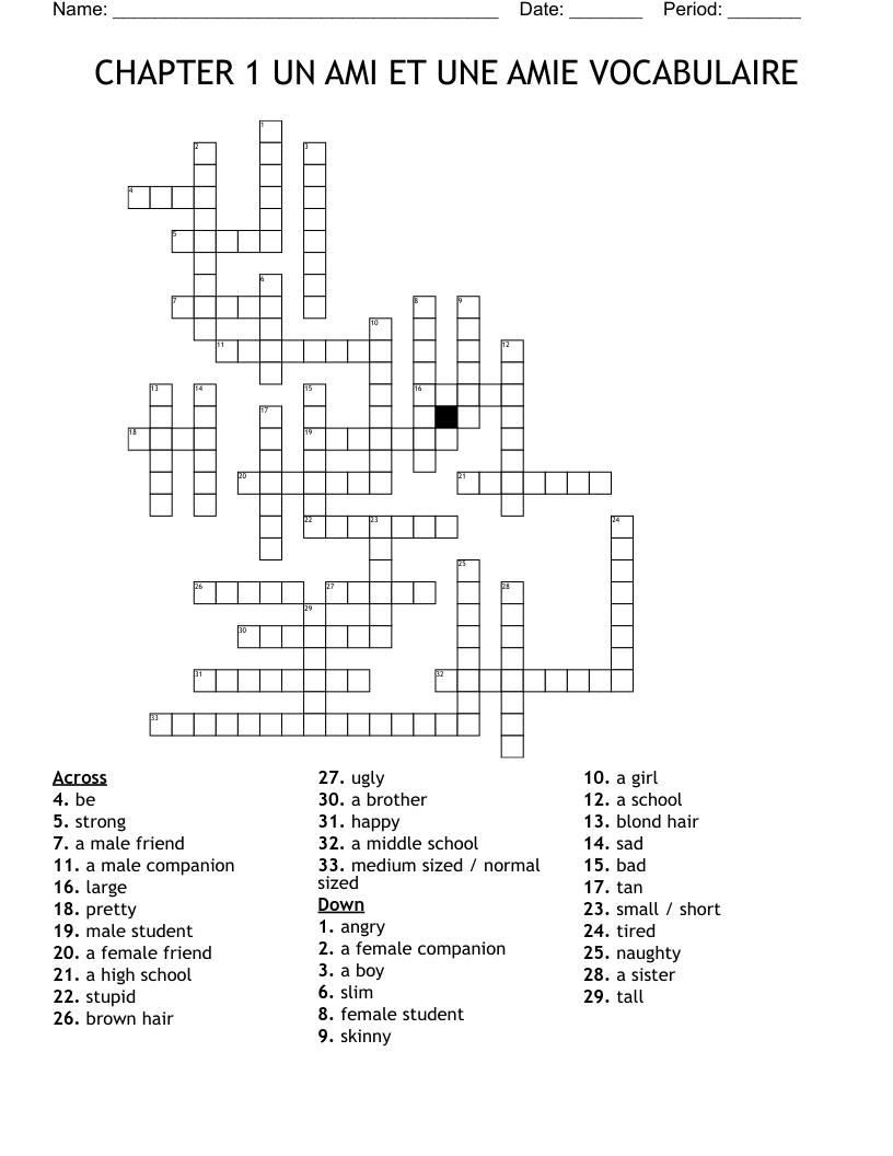 CHAPTER 1 UN AMI ET UNE AMIE VOCABULAIRE Crossword