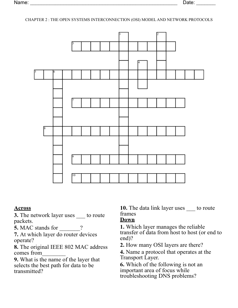 CHAPTER 2 :  THE OPEN SYSTEMS INTERCONNECTION (OSI) MODEL AND NETWORK PROTOCOLS Crossword