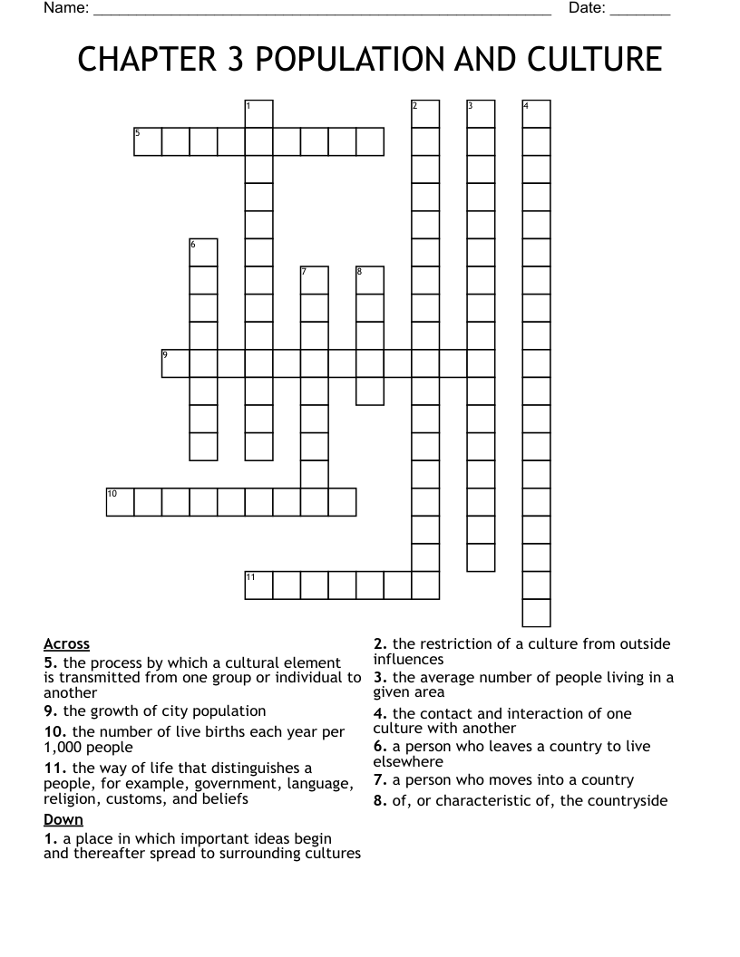 CHAPTER 3 POPULATION AND CULTURE Crossword