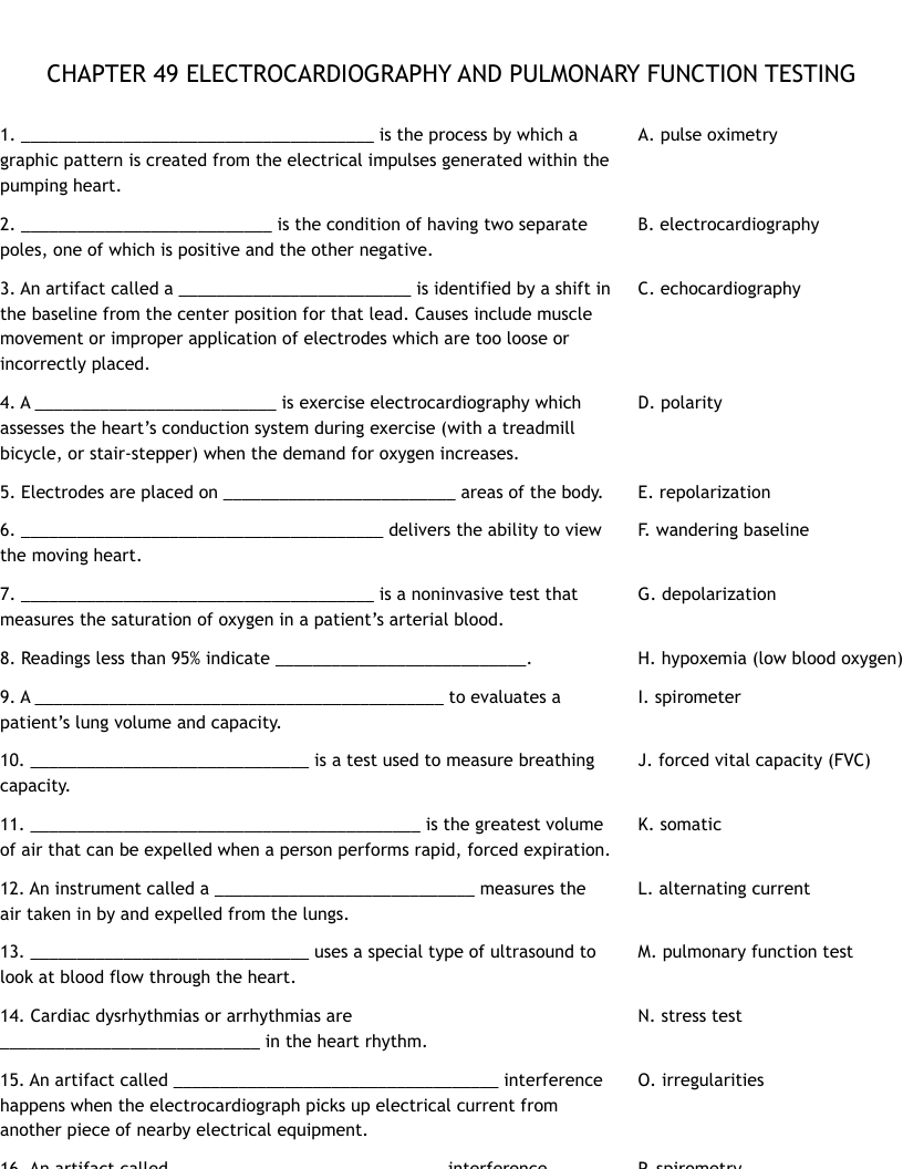 CHAPTER 49 ELECTROCARDIOGRAPHY AND PULMONARY FUNCTION TESTING Worksheet