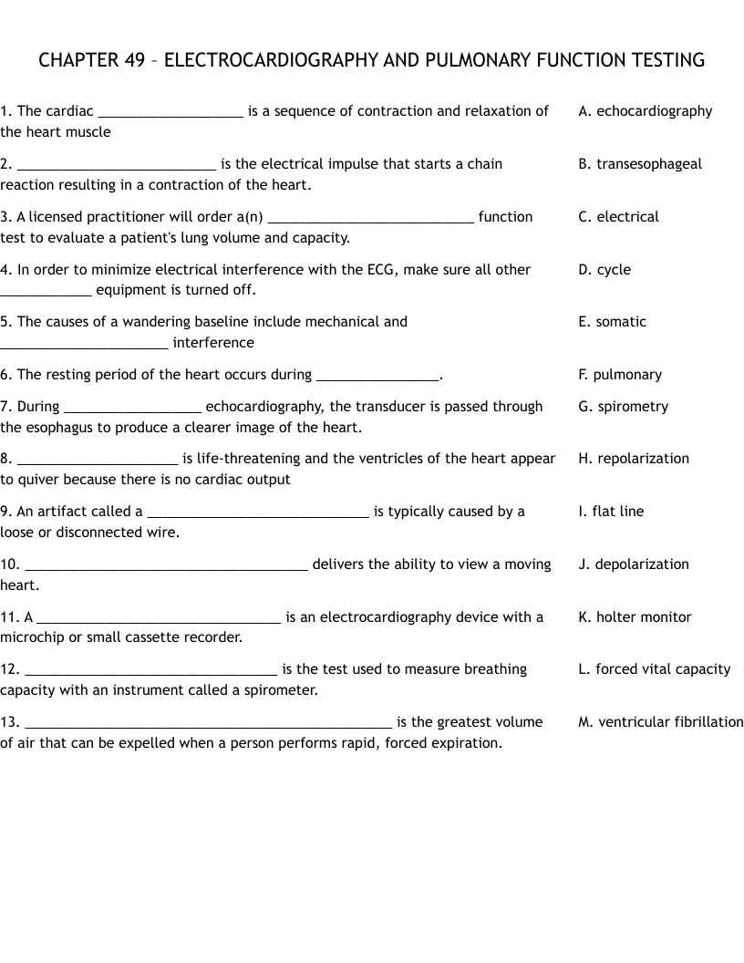 CHAPTER 49 – ELECTROCARDIOGRAPHY AND PULMONARY FUNCTION TESTING Worksheet