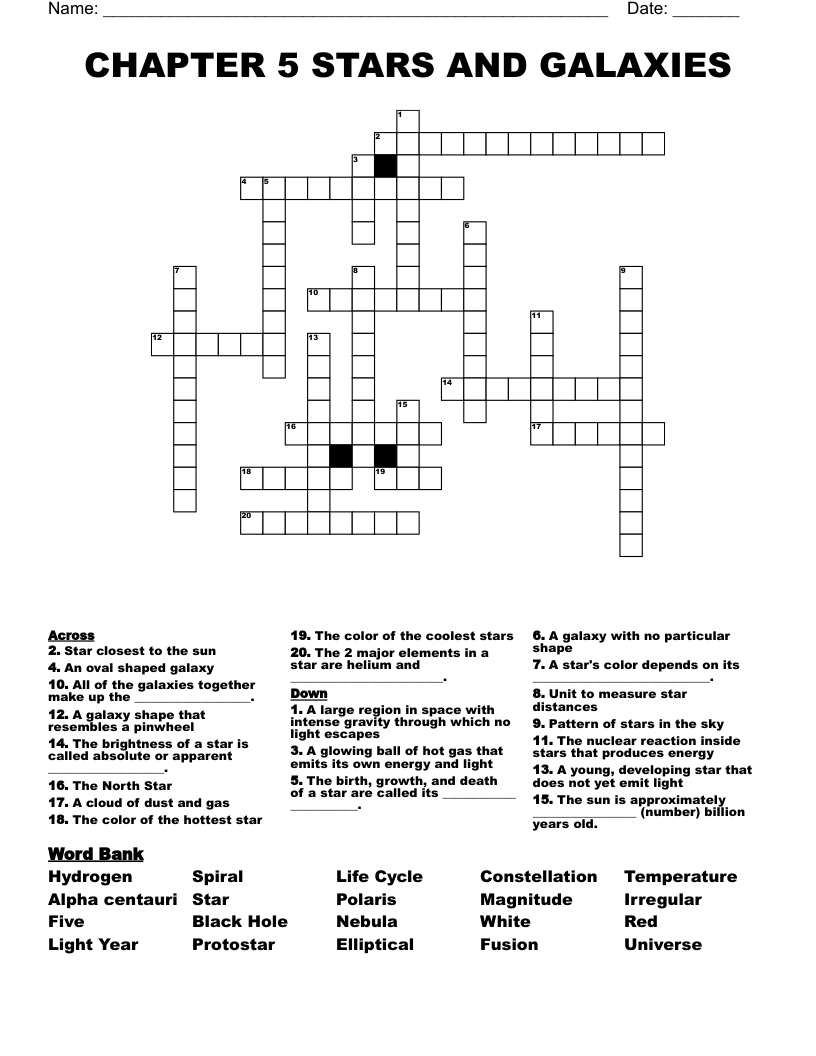 CHAPTER 5 STARS AND GALAXIES Crossword