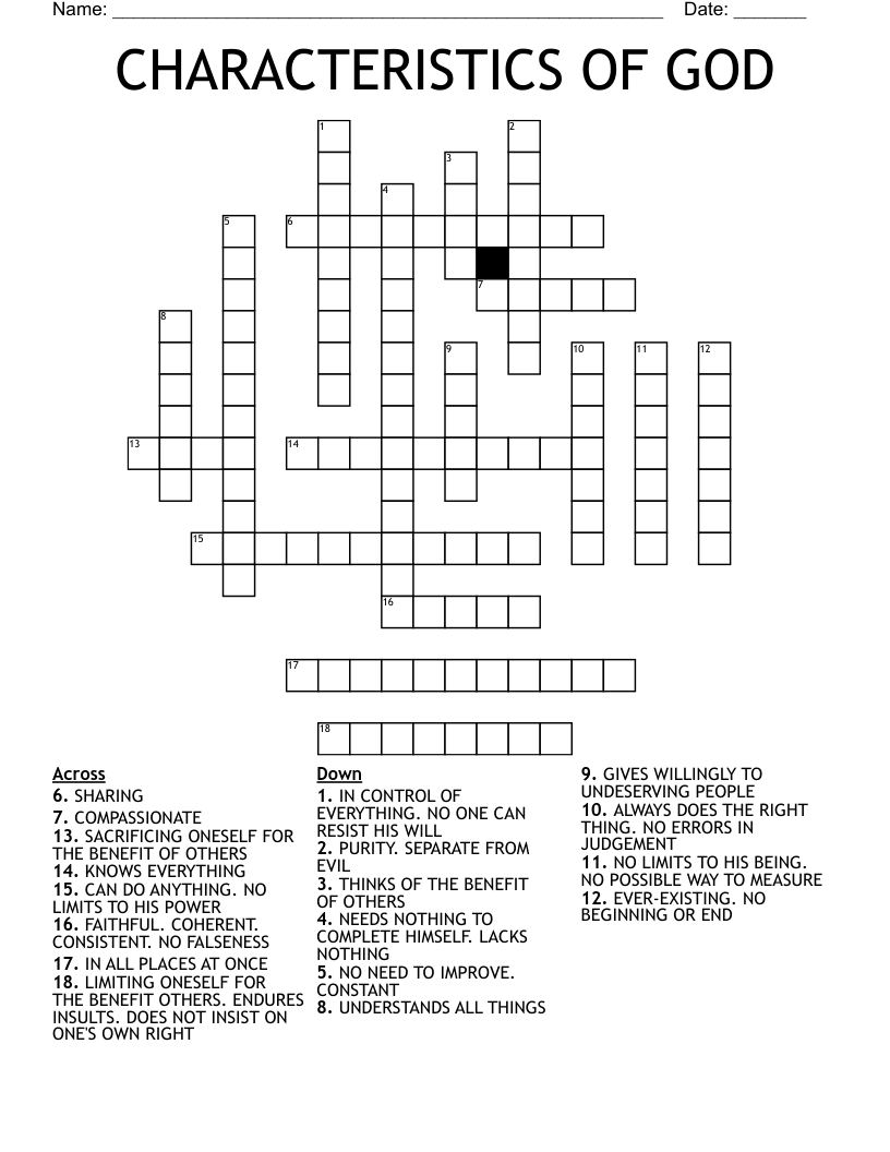 CHARACTERISTICS OF GOD  Crossword