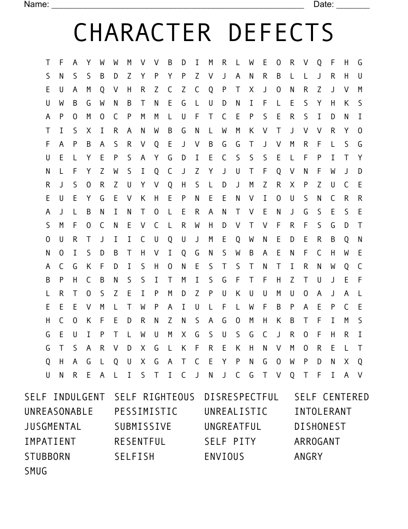CHARACTER DEFECTS Word Search