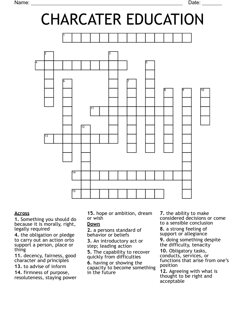 CHARCATER EDUCATION Crossword