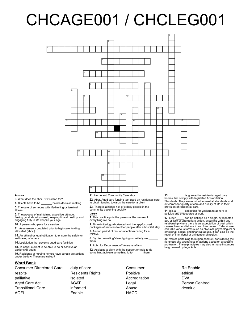 CHCAGE001 / CHCLEG001 Crossword