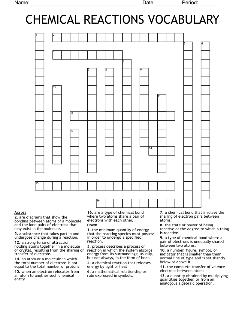 CHEMICAL REACTIONS VOCABULARY Crossword