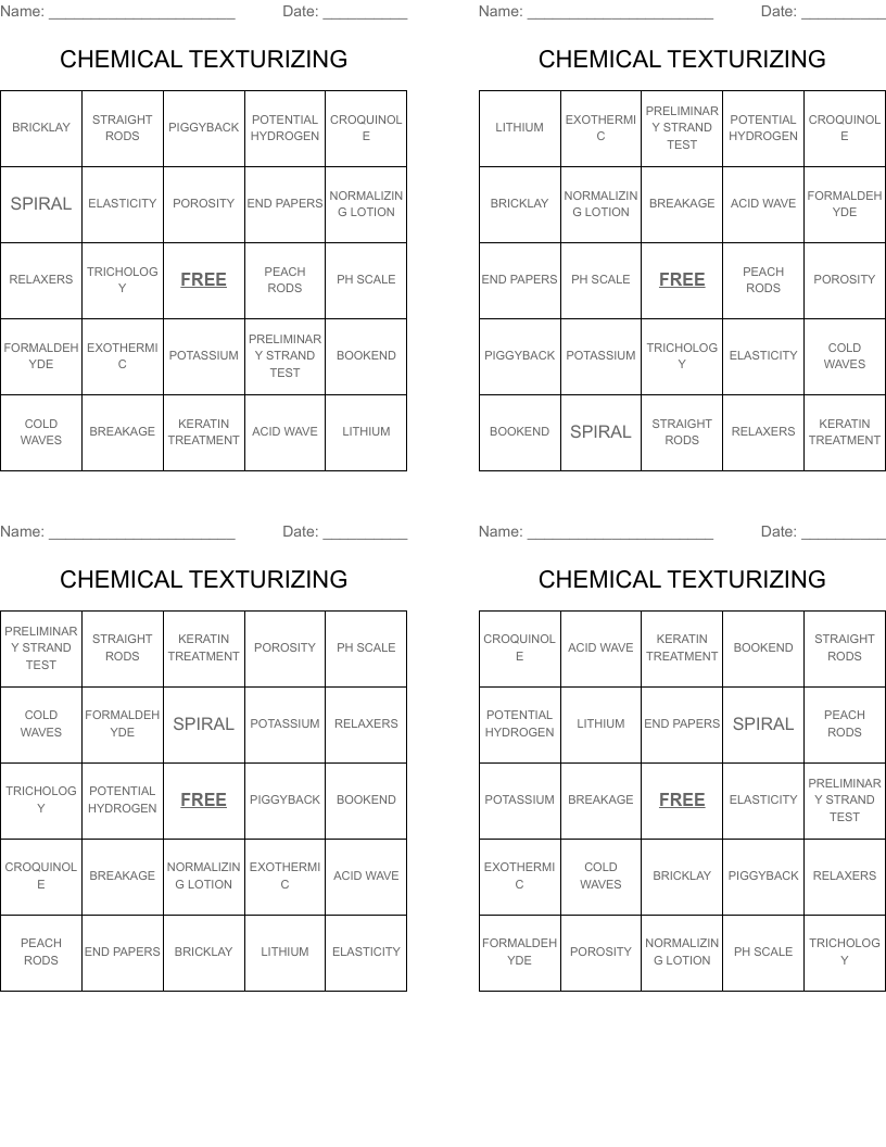 CHEMICAL TEXTURIZING Bingo Cards