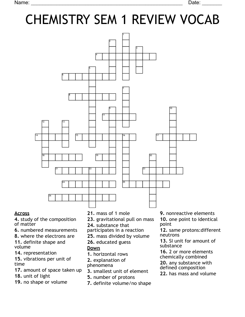 CHEMISTRY SEM 1 REVIEW VOCAB Crossword