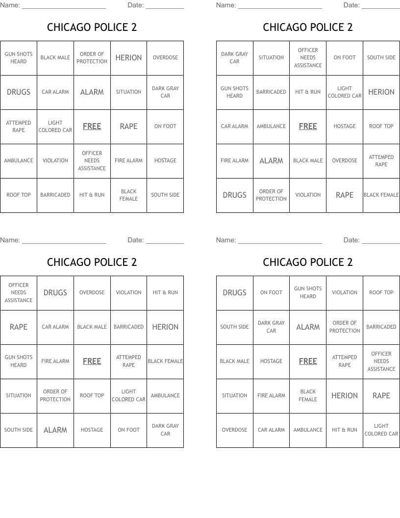 CHICAGO POLICE 2  Bingo Cards