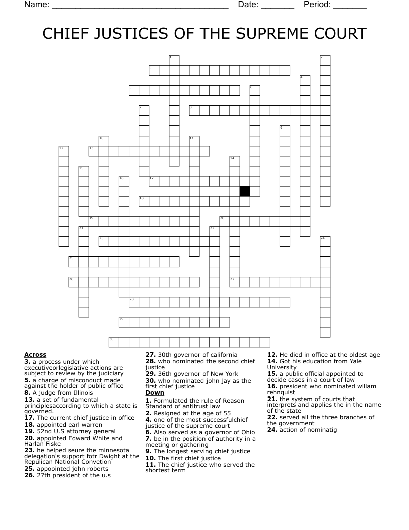 CHIEF JUSTICES OF THE SUPREME COURT Crossword