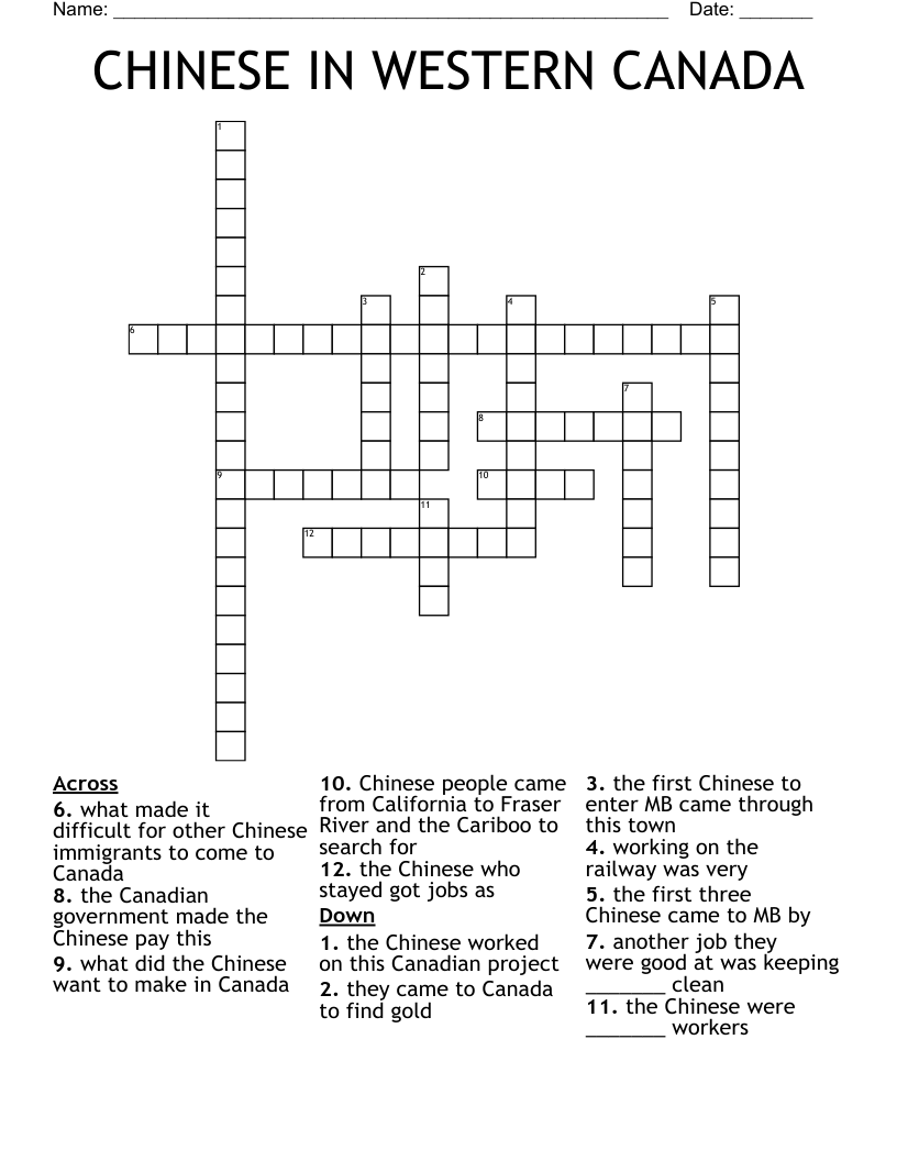 CHINESE IN WESTERN CANADA Crossword