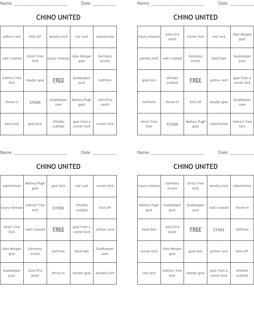 CHINO UNITED Bingo Cards