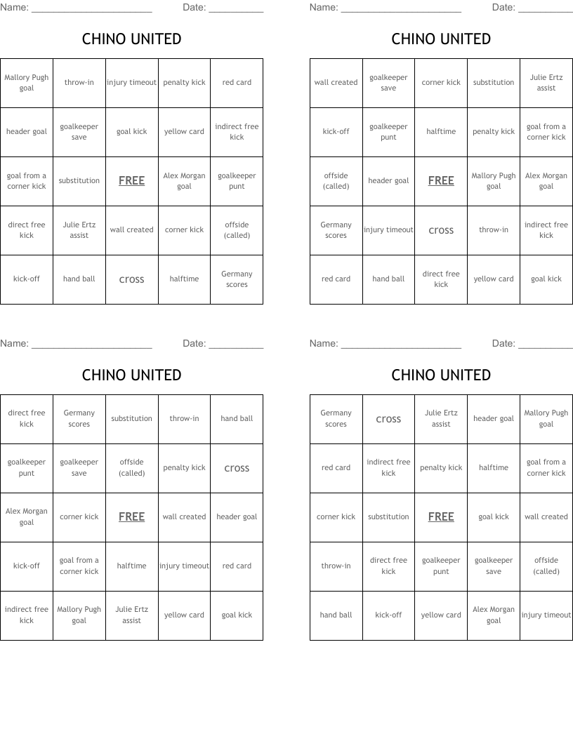 CHINO UNITED Bingo Cards