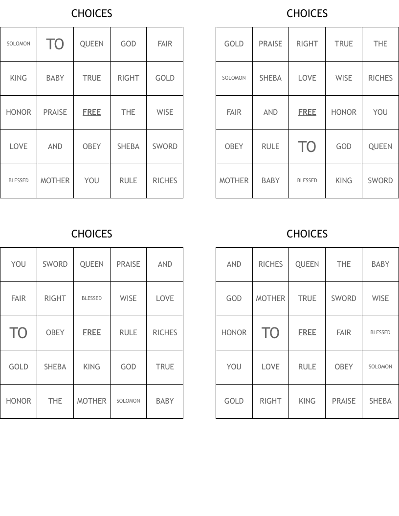 CHOICES Bingo Cards