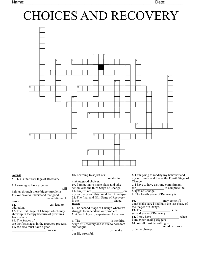 CHOICES AND RECOVERY Crossword