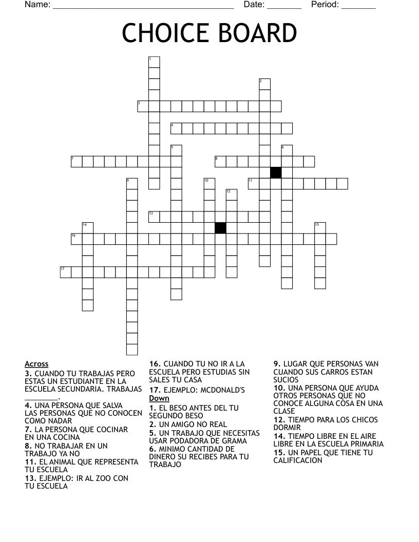 CHOICE BOARD Crossword