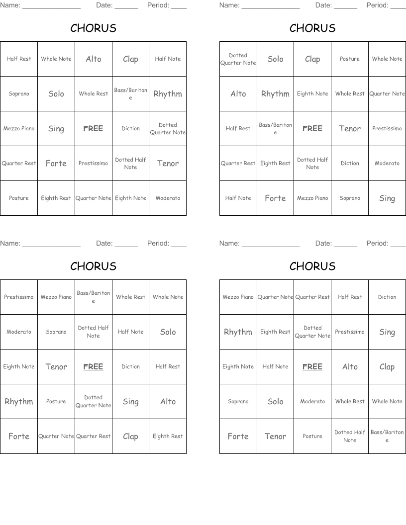 CHORUS Bingo Cards