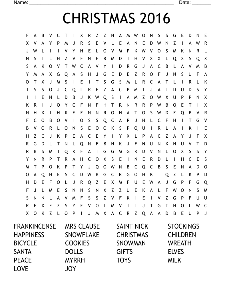 CHRISTMAS 2016 Word Search