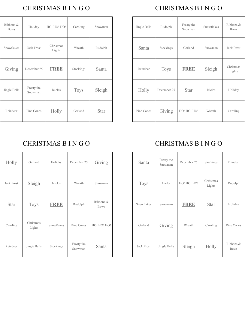 CHRISTMAS B I N G O  Bingo Cards