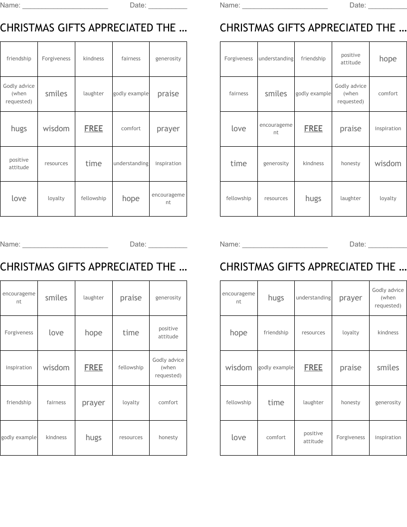CHRISTMAS GIFTS APPRECIATED THE MOST FROM CHRISTIAN FRIENDS Bingo Cards