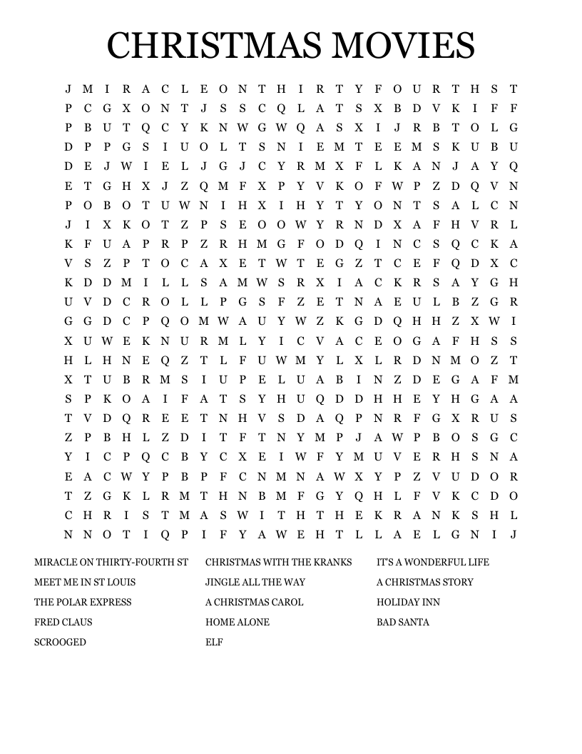 CHRISTMAS MOVIES Word Search