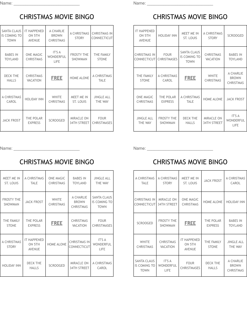 CHRISTMAS MOVIE BINGO