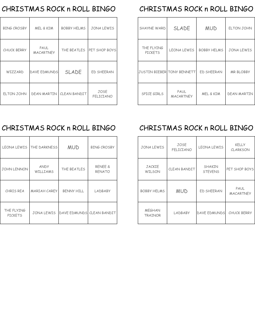 CHRISTMAS ROCK n ROLL BINGO