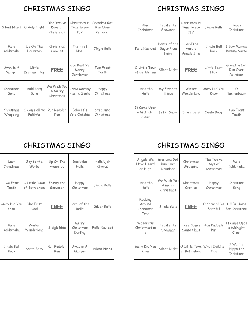 CHRISTMAS SINGO Bingo Cards