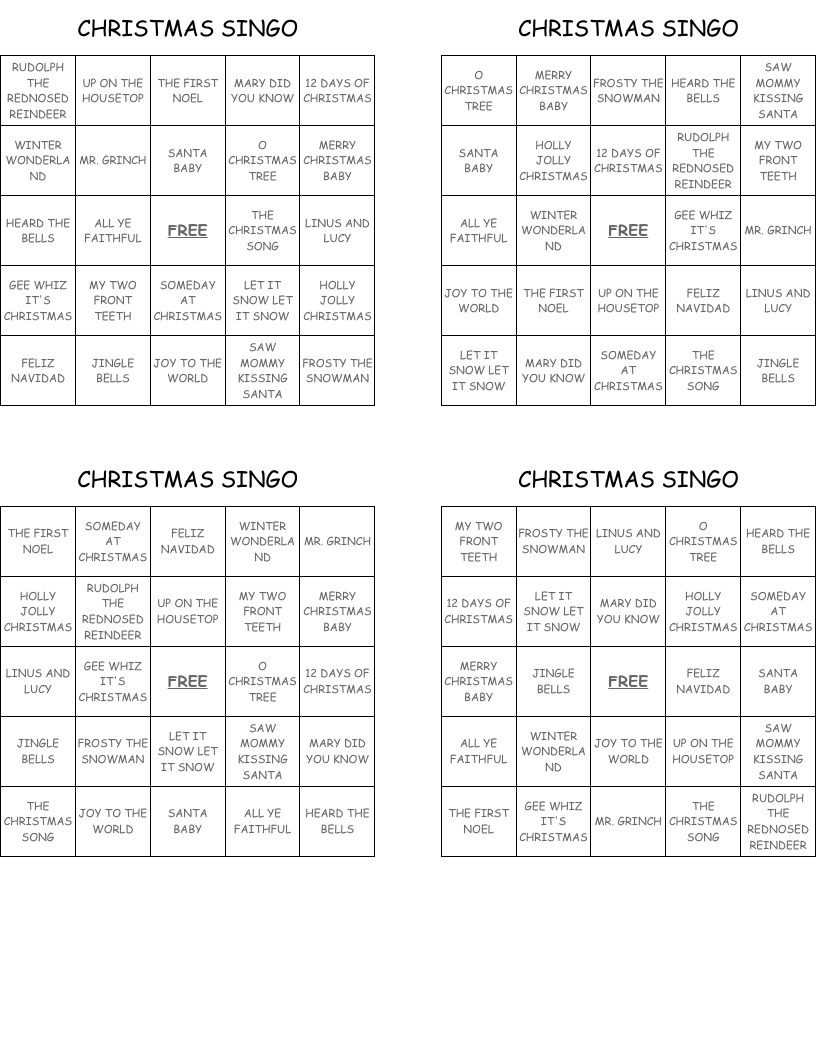 CHRISTMAS SINGO Bingo Cards
