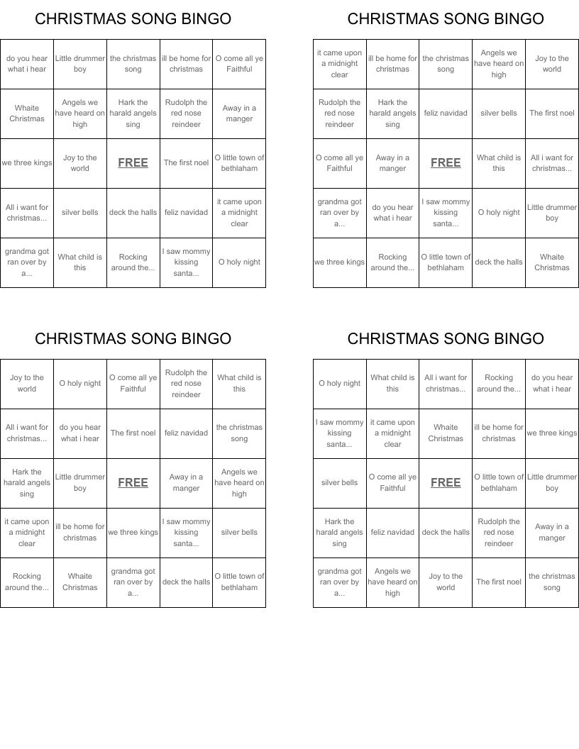 CHRISTMAS SONG BINGO