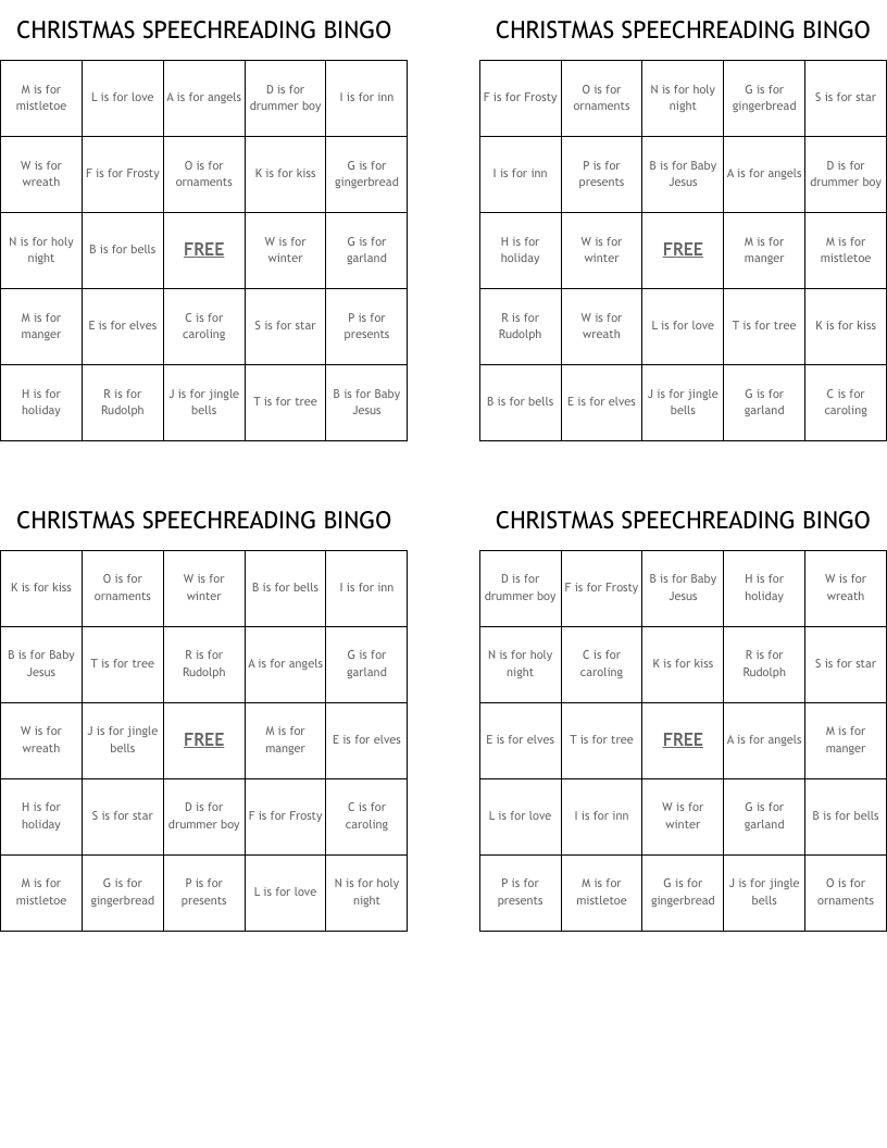 CHRISTMAS  SPEECHREADING  BINGO
