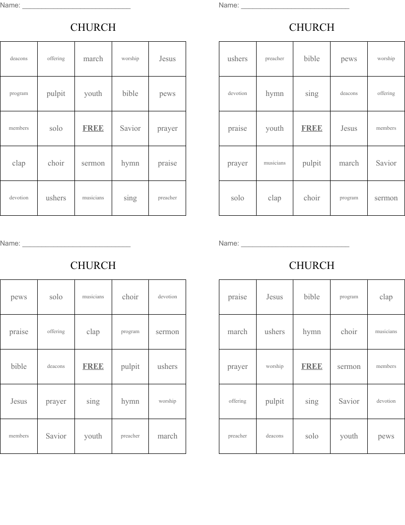 CHURCH Bingo Cards