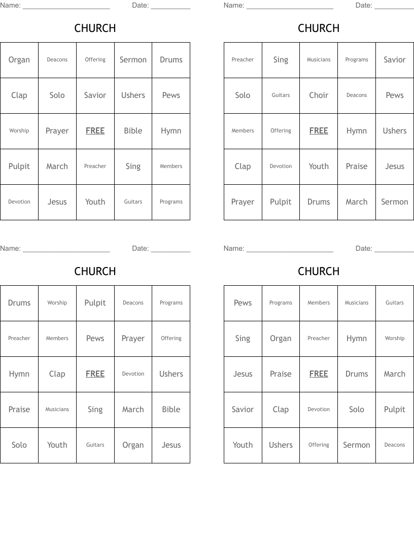 CHURCH Bingo Cards