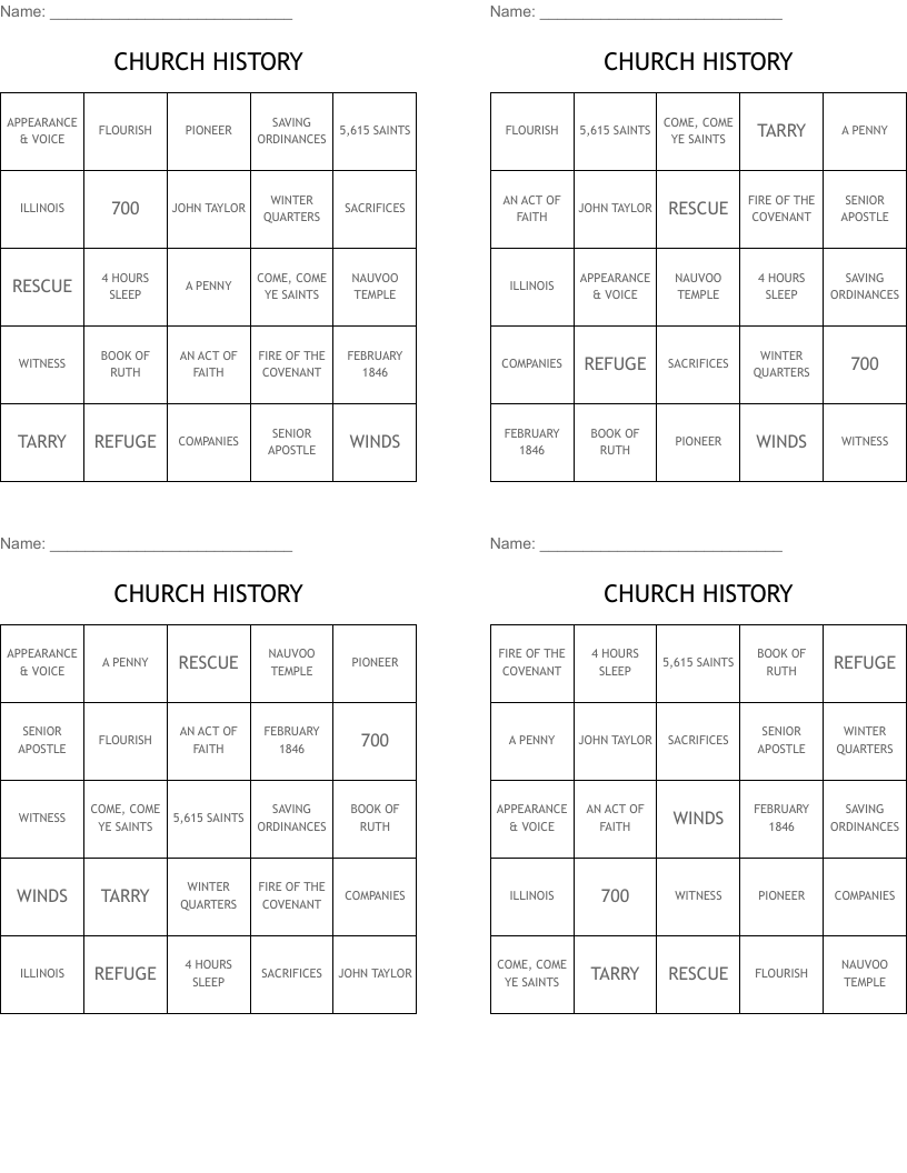 CHURCH HISTORY Bingo Cards