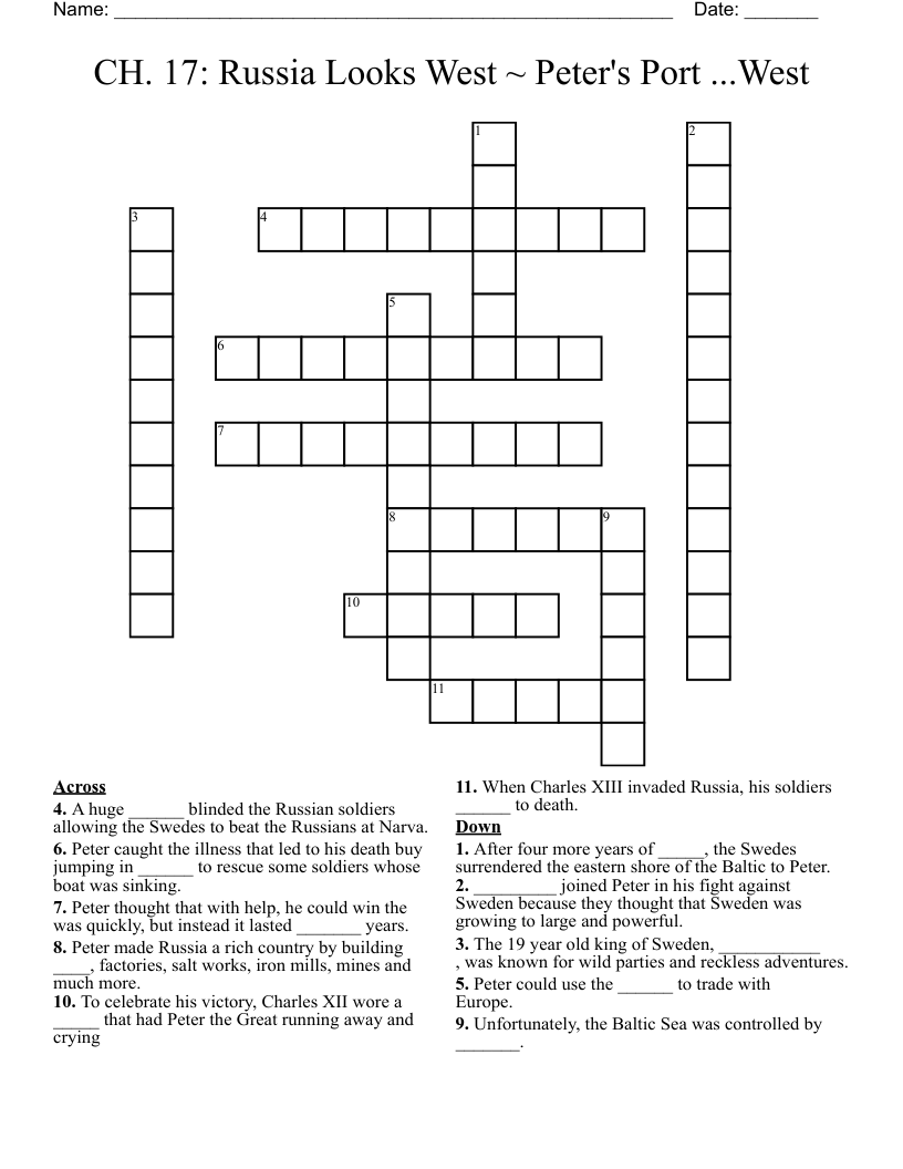 CH. 17: Russia Looks West ~ Peter's Port ...West Crossword