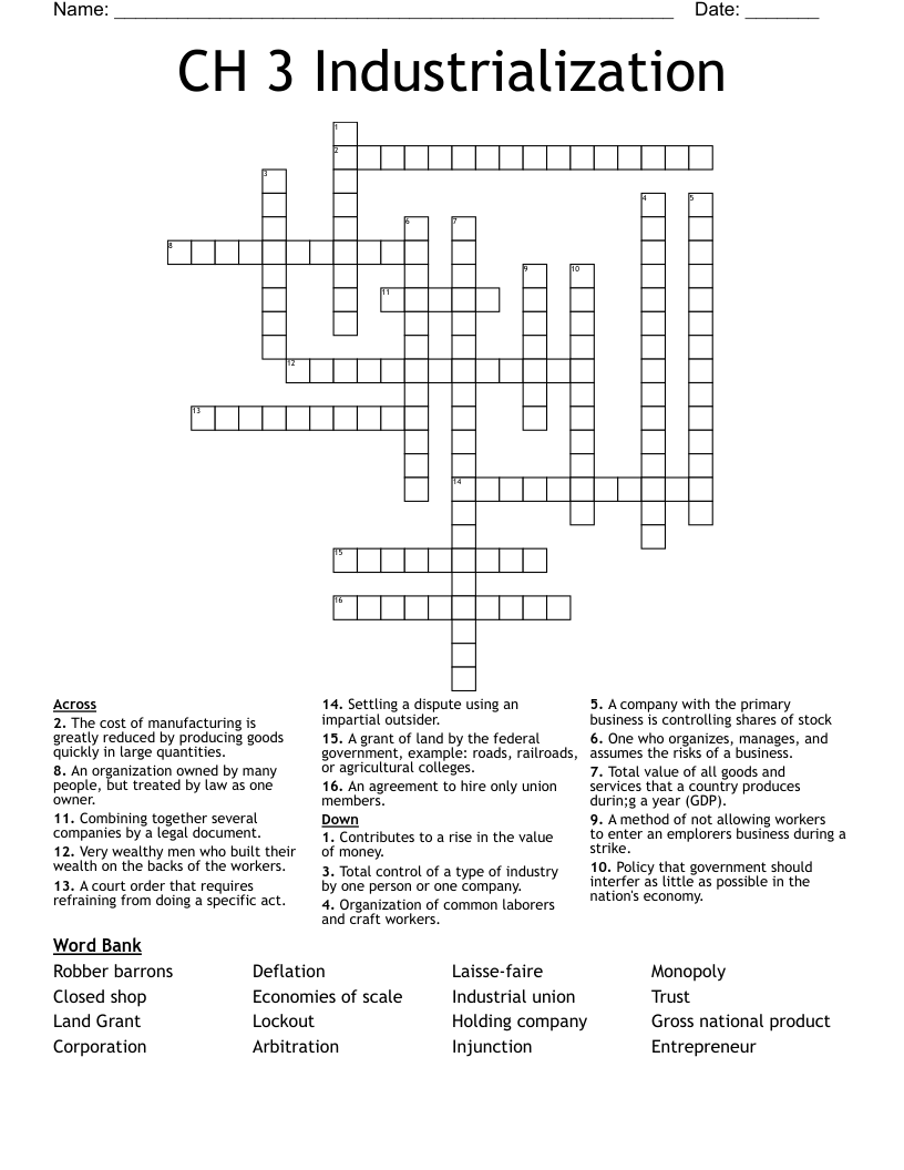 CH 3 Industrialization Crossword