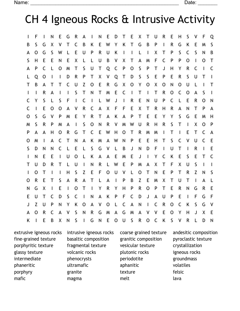 CH 4 Igneous Rocks & Intrusive Activity Word Search
