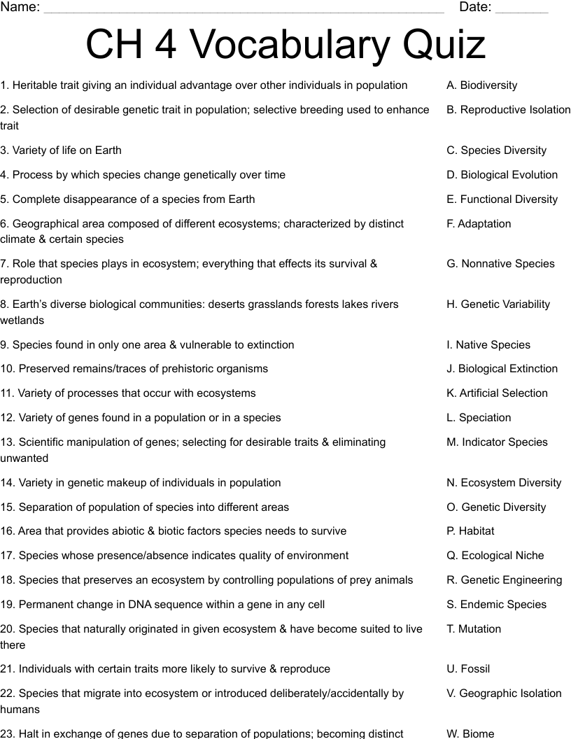CH 4 Vocabulary Quiz Worksheet