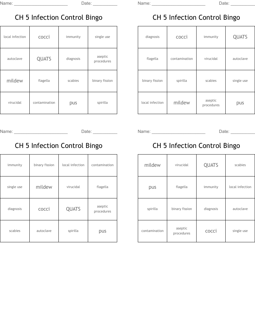 CH 5 Infection Control Bingo