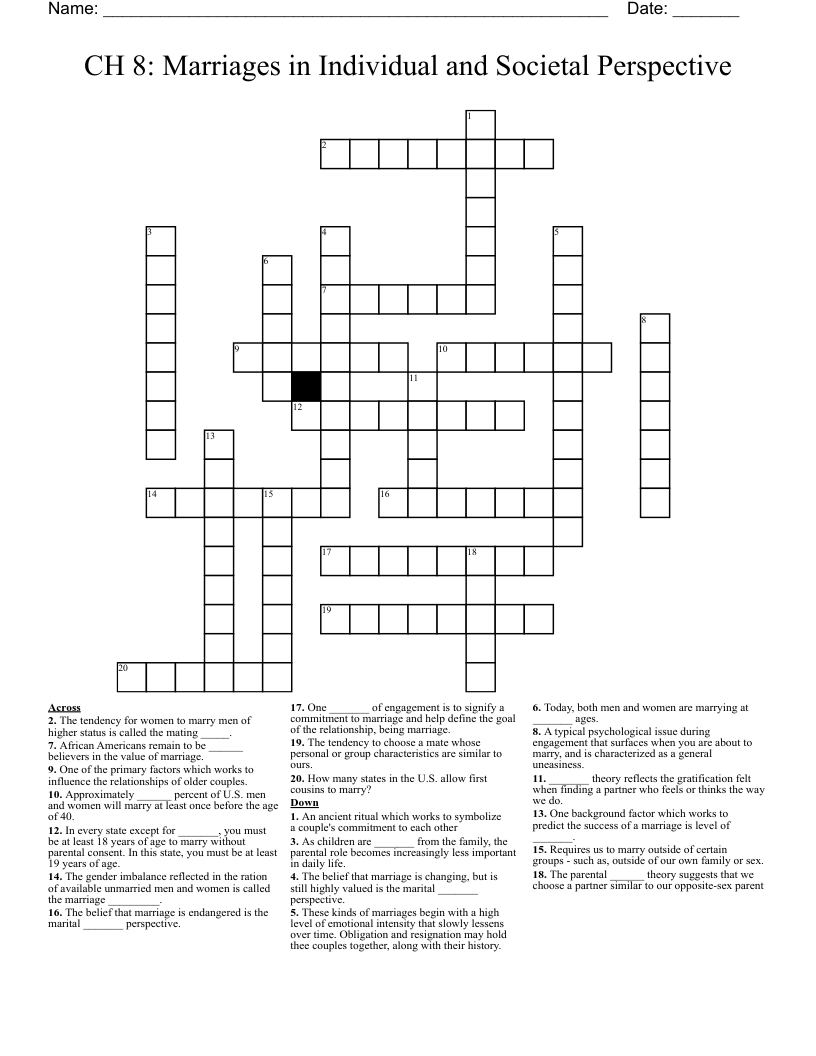 CH 8: Marriages in Individual and Societal Perspective Crossword