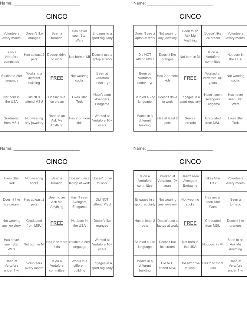 CINCO Bingo Cards