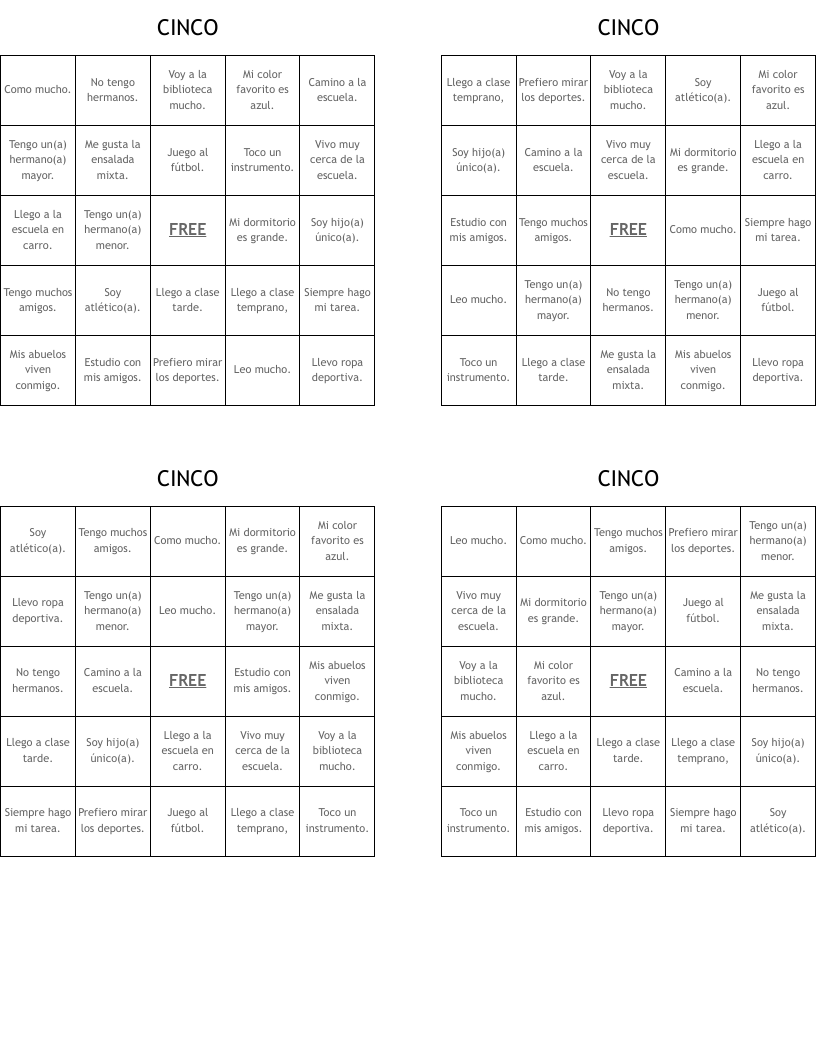 CINCO Bingo Cards