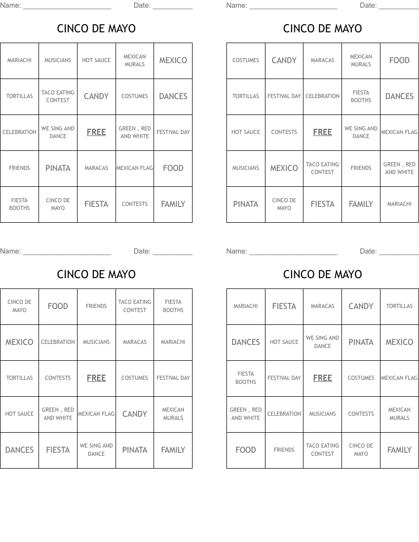 CINCO DE MAYO Bingo Cards