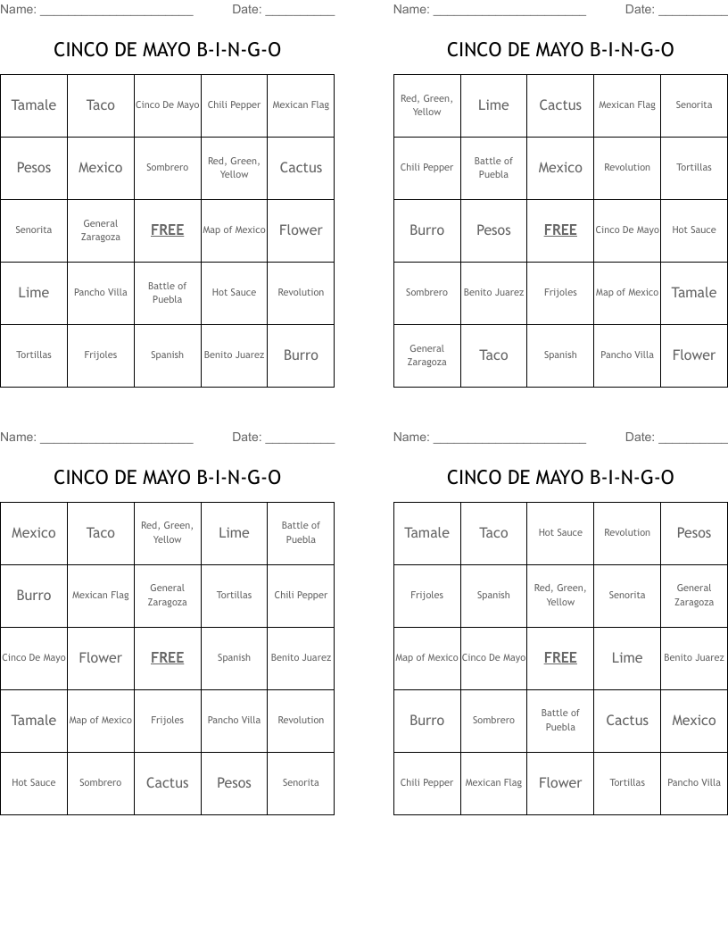 CINCO DE MAYO B-I-N-G-O Bingo Cards